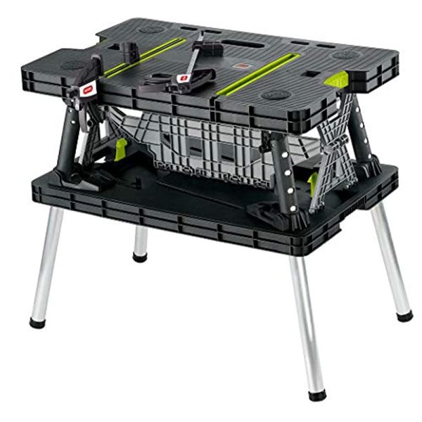 Keter Folding Table Work Bench for Miter Saw Stand, Woodworking Tools and Accessories with Included 12 Inch Wood Clamps – Easy Garage Storage