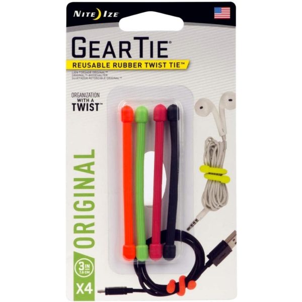 Nite Ize Original Gear Tie, Reusable Rubber Twist Tie, 3-Inch, Assorted Colors, 4 Pack, Made in the USA