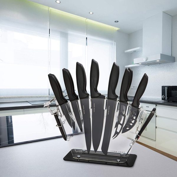 Stainless Steel Knife Set with Block - 13 Kitchen Knives Set Chef Knife Set with Knife Sharpener, 6 Steak Knives, Bonus Peeler Scissors Cheese Pizza Knife and Acrylic Stand by Home Hero