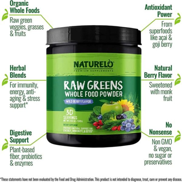 NATURELO Raw Greens Superfood Powder – Wild Berry Flavor – Boost Energy, Detox, Enhance Health – Organic Spirulina – Wheat Grass – Whole Food Nutrition from Fruits & Vegetables – 30 Servings